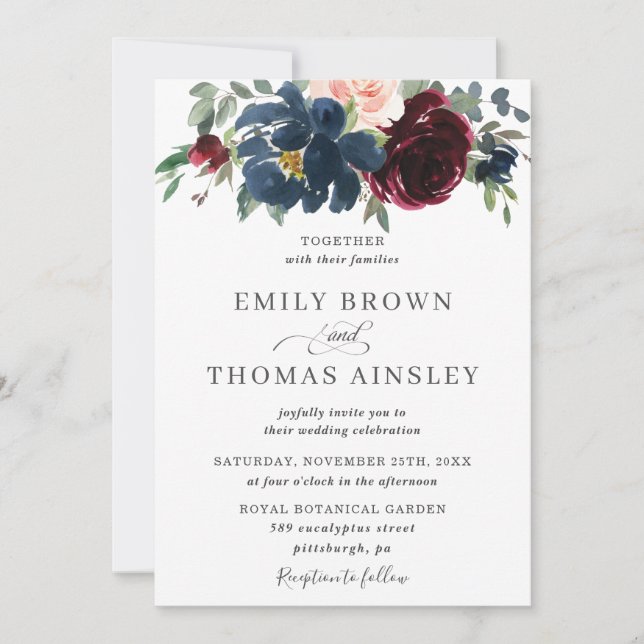 Invitation Elégant Burgundy Blush Navy Blue Floral Mariage (Devant)