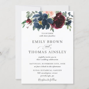 Invitation Elégant Burgundy Blush Navy Blue Floral Mariage