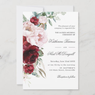 Invitation Élégant Burgundy Blush Peonies Floral Mariage