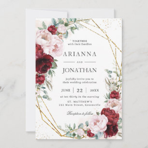 Invitation Élégant Burgundy Blush Peonies Floral Mariage or