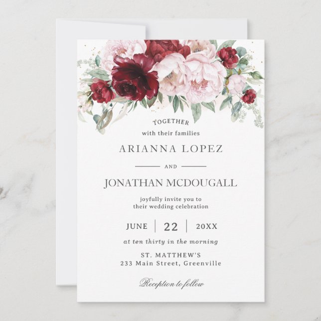 Invitation Élégant Burgundy Blush Peonies Rose Floral Mariage (Devant)