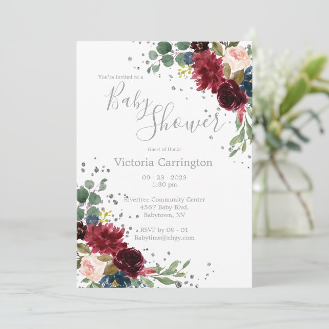 Invitation Elégant Burgundy Blush Rose Floral Blue Baby Invit (Debout devant)