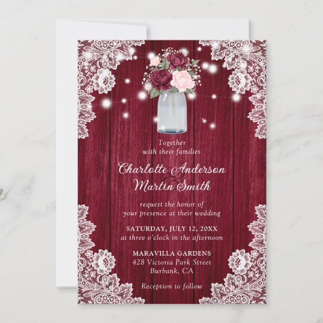 Invitation Élégant Burgundy Blush Rustic Wood Floral Mariage (Devant)