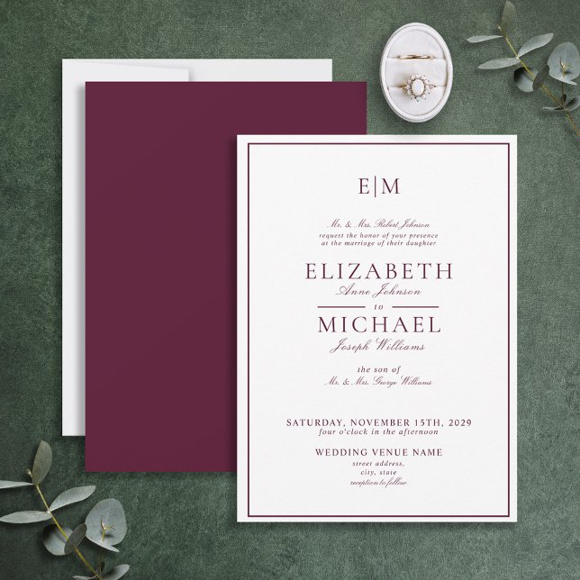 Invitation Élégant Burgundy Classic Script Monogram Mariage (Créateur téléchargé)