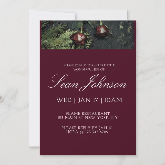 Invitation Elegant Burgundy Dark Rose Modern Custom Funeral (Devant)