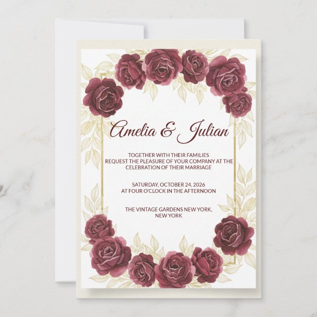 Invitation Elegant Burgundy Floral and Gold Wedding Invitatio (Devant)