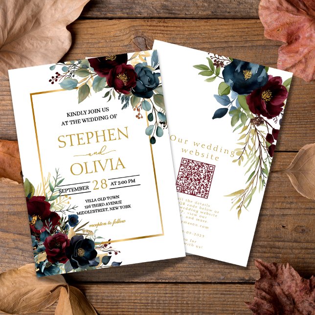 Invitation Elegant Burgundy Floral Blooms wedding  QR details (Créateur téléchargé)