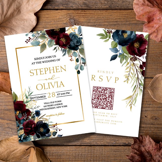 Invitation Elegant Burgundy Floral Blooms wedding QR RSVP (Créateur téléchargé)