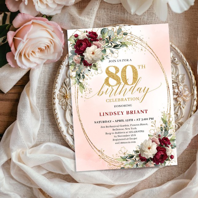 Invitation Elegant Burgundy Floral Gold 80th Birthday Party  (Elegant Burgundy Floral Gold 80th Birthday Party Invite)