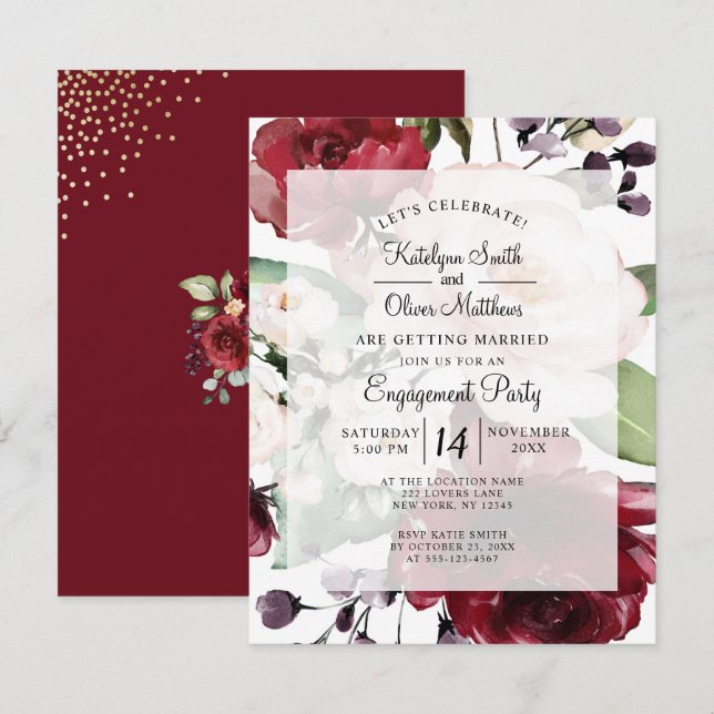 Invitation Élégant Burgundy Floral Gold Foil (Devant / Derrière)