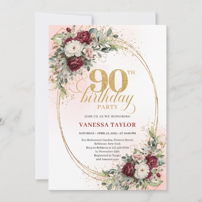 Invitation Elegant Burgundy Floral Gold Frame 90th Birthday (Devant)
