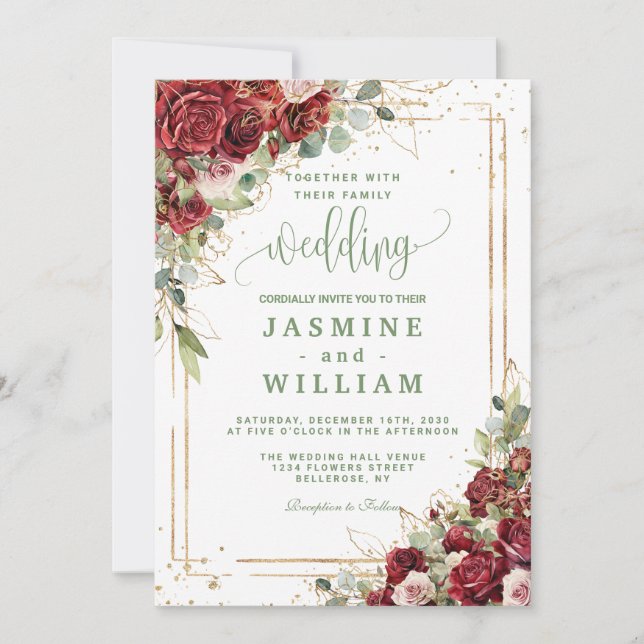 Invitation Elegant Burgundy Floral  Gold  Wedding (Devant)