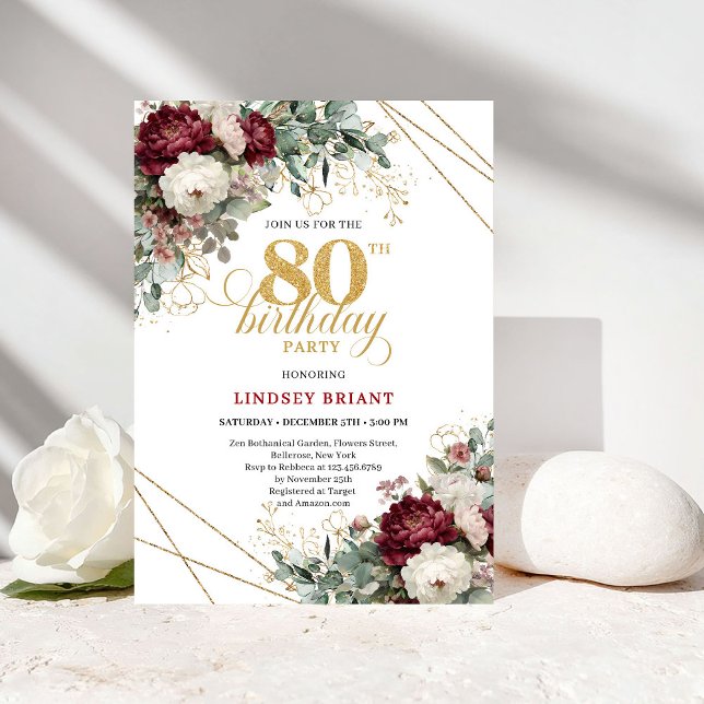 Invitation Elegant Burgundy Floral Greenery 80th Birthday (Elegant Burgundy Floral Greenery 80th Birthday)