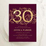 Invitation Elégant Burgundy Gold 30e anniversaire<br><div class="desc">Elégante invitation à la fête du 30e anniversaire de marron bordeaux or. Design de vin marsala rouge foncé personnalisable avec accents botaniques rose et police de caractères typographiques. Carte invitation florale simple parfaite pour une célébration anniversaire élégante. Personnalisez avec vos propres détails. Invitations Zazzle imprimées ou téléchargement instantané modèle imprimable...</div>