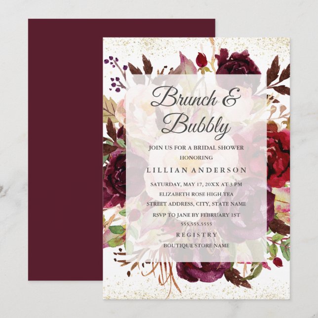 Invitation Elégant Burgundy Gold Bloom Brunch Et Bubbly (Devant / Derrière)