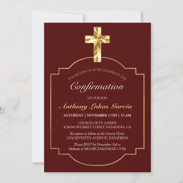 Invitation Elégant Burgundy Gold Cross Boys Confirmation (Devant)