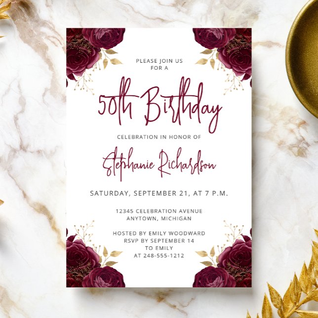 Invitation Elegant Burgundy Gold Floral 50th Birthday Party (Créateur téléchargé)