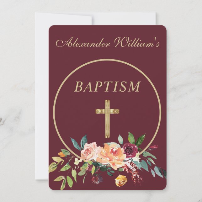 Invitation Elégant Burgundy Gold Floral Baby Christening (Devant)