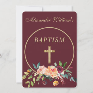 Invitation Elégant Burgundy Gold Floral Baby Christening