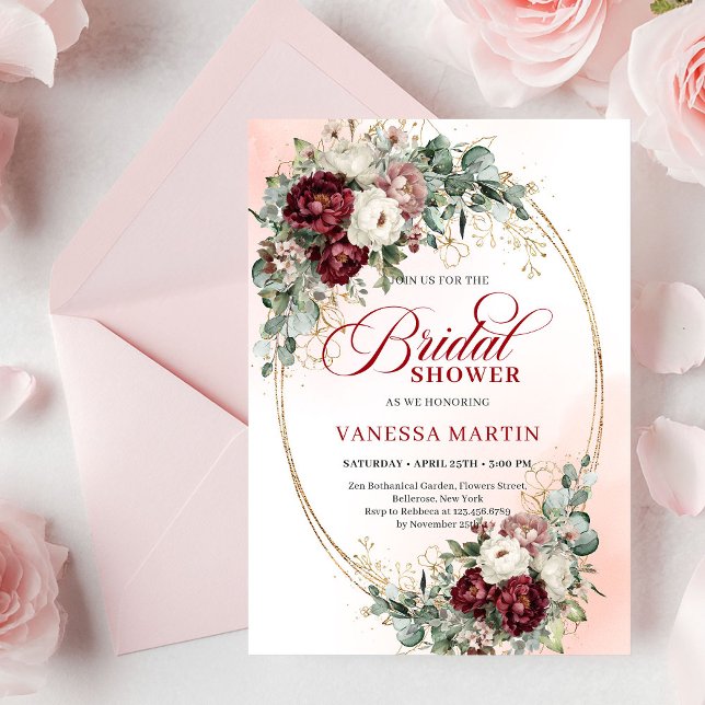 Invitation Elegant Burgundy Gold Floral Eucalyptus Shower (Elegant Burgundy Gold Floral Eucalyptus Shower Invite)