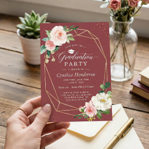 Invitation Élégant Burgundy Gold Floral Graduation Party
