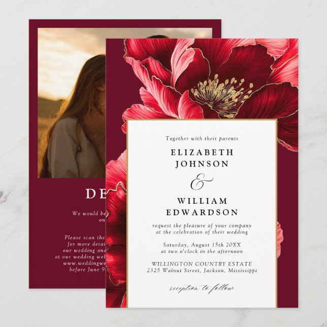 Invitation Elégant Burgundy Gold Floral Photo QR Code Mariage (Devant / Derrière)