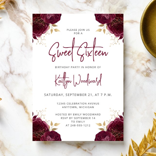 Invitation Elegant Burgundy Gold Floral Sweet 16 Party (Créateur téléchargé)