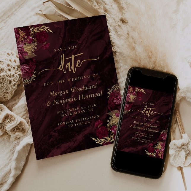 Invitation Elegant Burgundy Gold Floral Wedding Save the Date (Créateur téléchargé)