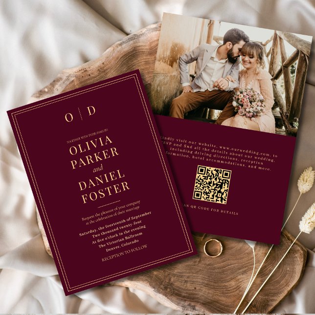 Invitation Elegant Burgundy Gold Photo QR Code Mariage (Créateur téléchargé)