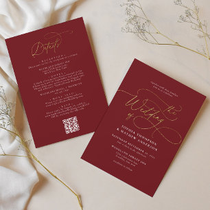 Invitation Elégant Burgundy Gold QR Code Tout en un Mariage
