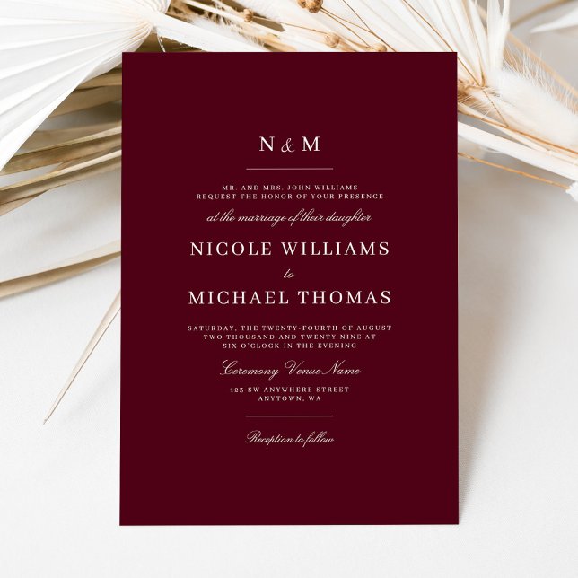 Invitation Elegant Burgundy Monogram Classic Wedding (Créateur téléchargé)