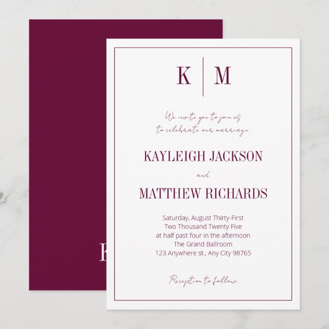 Invitation Elegant Burgundy Monogram Wedding  (Devant / Derrière)