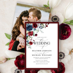 Invitation Elegant Burgundy Navy Blue Floral Watercolor
