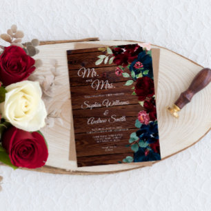 Invitation Elegant Burgundy & Navy Blue Flowers Wood Wedding