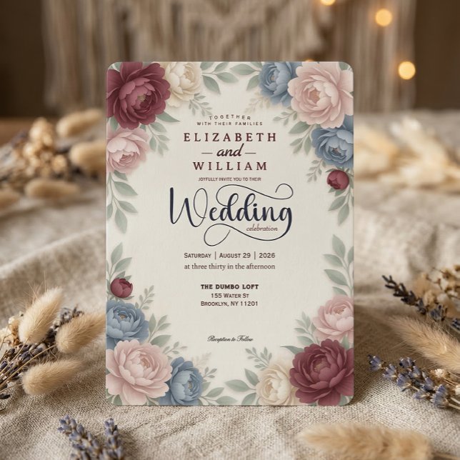 Invitation Elegant Burgundy Peonies Roses  QR Code Wedding (Créateur téléchargé)