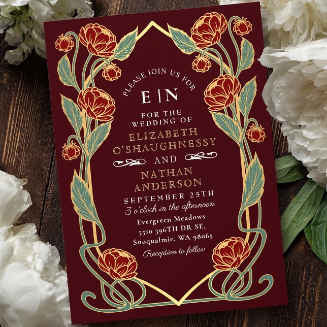 Invitation Elegant Burgundy Peony Art Nouveau Floral Wedding (Créateur téléchargé)
