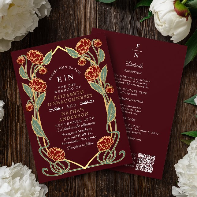 Invitation Elegant Burgundy Peony Art Nouveau QR Code Wedding (Créateur téléchargé)