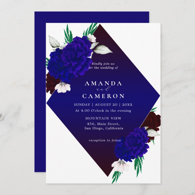 Invitation Elegant Burgundy Red Navy Blue "MARIGOLD" Wedding (Devant / Derrière)