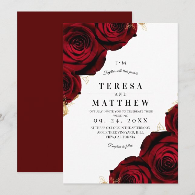 Invitation Elegant Burgundy Red Roses Floral Wedding (Devant / Derrière)