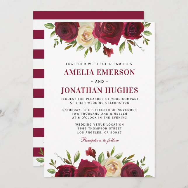 Invitation Élégant Burgundy Rouge Floral Automne Mariage d'hi (Devant / Derrière)
