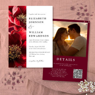 Invitation Élégant Burgundy Rouge Floral Photo QR Code Mariag