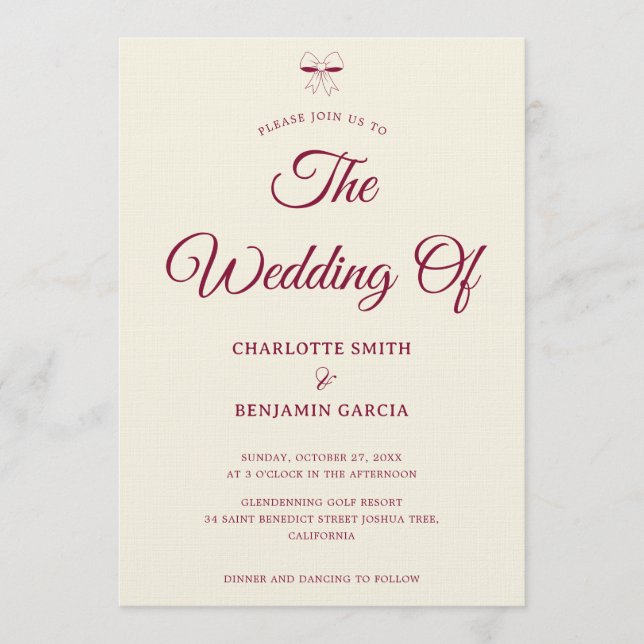 Invitation Elegant Burgundy Script Cream Ivory Bow Wedding (Devant)