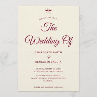 Invitation Elegant Burgundy Script Cream Ivory Bow Wedding