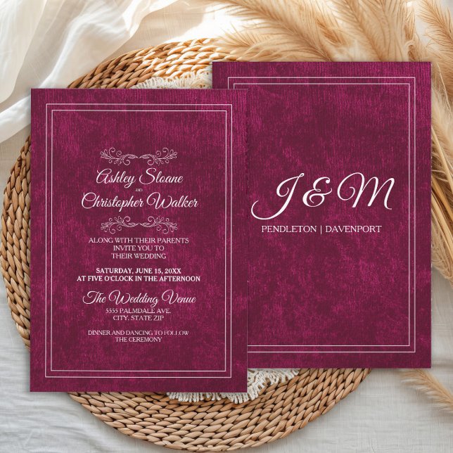 Invitation Elegant Burgundy Velvet White Monogram Wedding (Elegant velvet burgundy wedding invitation with back-of-invitation monogram)