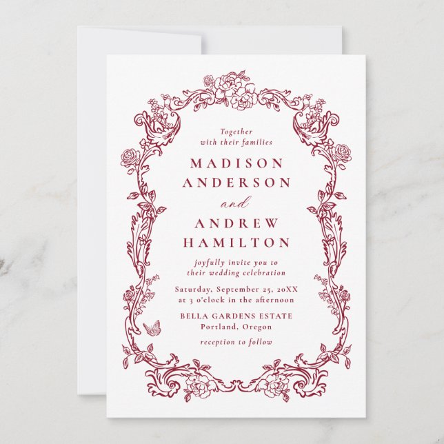 Invitation Elegant Burgundy Victorian Floral Frame Wedding (Devant)