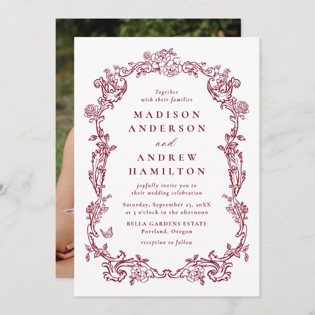 Invitation Elegant Burgundy Victorian Floral Frame Wedding (Devant / Derrière)