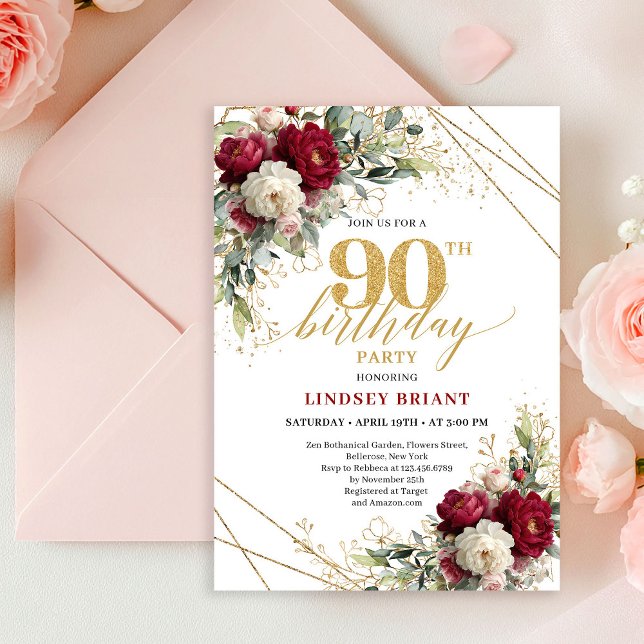 Invitation Elegant Burgundy White Floral Gold 90th Birthday  (Elegant Burgundy White Floral Gold 90th Birthday Invite)