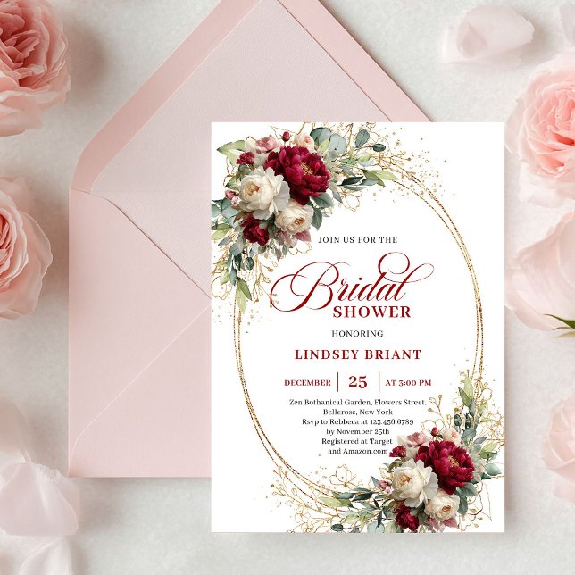 Invitation Elegant Burgundy White Floral Gold Shower Invite (Elegant Burgundy White Floral Gold Shower Invitation)