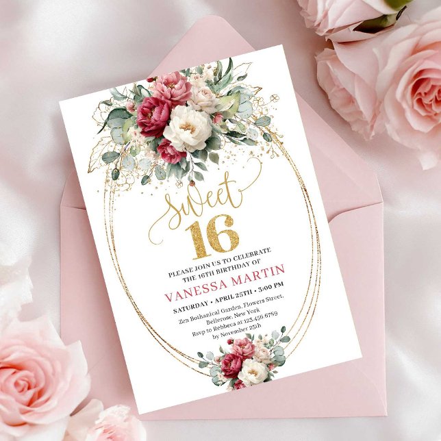 Invitation Elegant Burgundy White Gold Floral Sweet Sixteen  (Elegant Burgundy White Gold Floral Sweet Sixteen Invite)