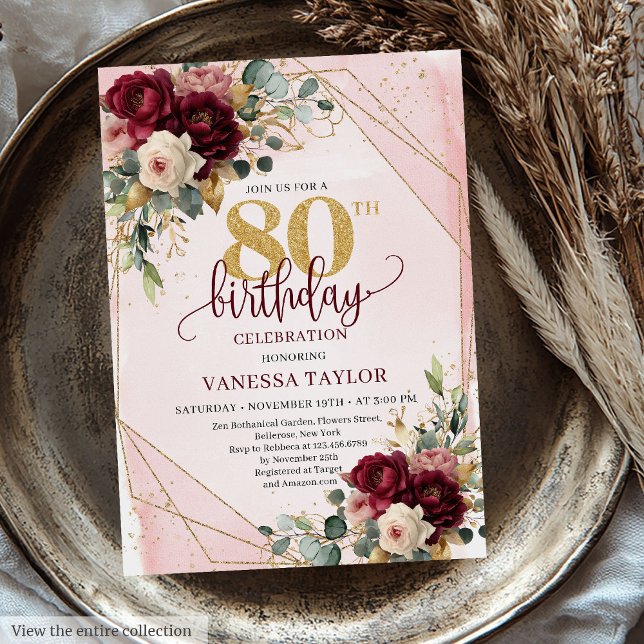 Invitation Elégant Burgundy White Gold Roses 80e anniversaire (Elegant Burgundy White Gold Roses 80th Birthday Invitation)
